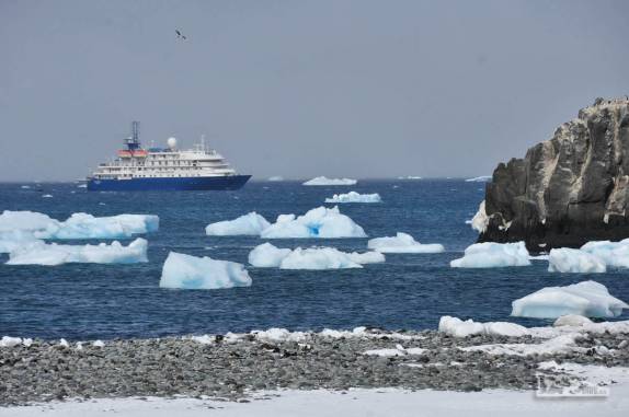 Blocos de gelo e o Sea Spirit dividem as águas da baía de Turret Point, em King George Island, na Antártida
